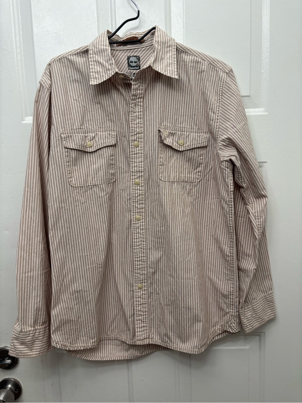 Timberland Men's Tan and White Striped Button-Down Shirt